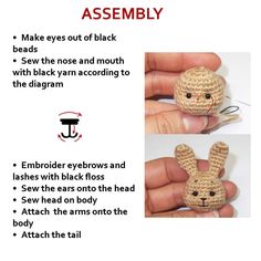 the instructions for how to crochet an adorable little bunny with eyes and ears