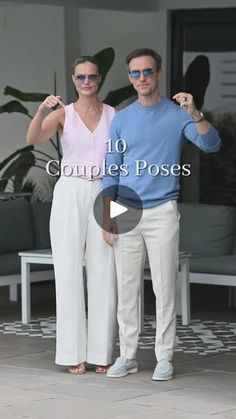 a man and woman standing next to each other in front of a building with the words 10 couples poses