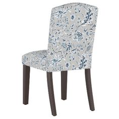 a blue and white floral patterned chair with dark wood legs, viewed from the front