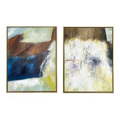 two paintings with different colors and shapes on them, one is blue and the other is brown