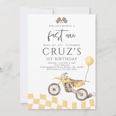 a yellow dirt bike birthday party card