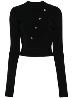 black knitted construction front diagonal cut-out detailing ribbed crew neck decorative button detailing long sleeves with split cuffs ribbed hem cropped Future Outfit, City Dress, Versace Jeans Couture, Summer Beach Wear, Versace Jeans, Black Knit, Knitwear Women, Jacket Tops, Black Sweaters