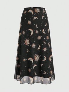 Women's Sun, Moon, Stars And Constellations Skirt With Sheer Mesh Fabric Black Casual   Mesh Fabric Galaxy A Line High Stretch  Women Clothing, size features are:Bust: ,Length: ,Sleeve Length: Starcore Clothes, Plus Size Alt Fashion, Star Skirt, Stars And Constellations, Overlay Skirt, Sun Moon Stars, Women Skirts, Moon Stars, Dark Fashion