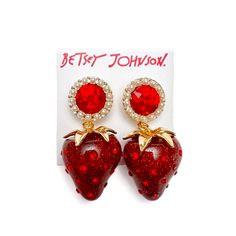 Betsey Johnson Strawberry Crystal Drop Earrings New Super Cute For Your Spring Or Summer Outfit! Add A Fun Touch To Your Look With These Strawberry-Shaped Earrings. Elegant Drop Earrings Featuring Strawberry Motifs Adorned With Faux Pearls, Rhinestones, And Subtle Stone Accents. Set In Polished Gold-Tone Zinc, Brass, And Plastic, Glass Stone Approx. Drop: 2" Approx. Width And Diameter: 0.5" Large Red Strawberry Drops Embellished With Delicate Crystal Red Stone Accents Faux Pearls Details Gold-To Trendy Red Jewelry For Evening, Red Glitter Earrings For Party, Red Glitter Party Earrings, Red Glitter Jewelry For Party, Trendy Red Party Earrings, Strawberry Crystal, Makeup Accesories, Pearl Dangle Earrings, Red Strawberry