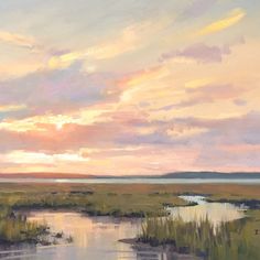 an oil painting of a sunset over the marsh