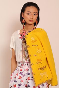 Yellow wool jacket with floral embroidery and natural silk lining. Embellished with Swarovski crystals. Each jacket is hand embroidered and one of a kind. Collection "MOON [mo:n]" is inspired by floral embroidery from Muhu, a small island in Estonia with great handicraft traditions.  Each flower, bird and animal embroidered on the jacket has their own symbolic meaning. This jacket will be made especially for you and according to your measurements. Please allow 2-4  weeks for creating it. We ship Luxury Spring Outerwear With Floral Embroidery, Traditional Embellished Spring Outerwear, Spring Wool Cardigan With Embroidery, Spring Embroidered Wool Cardigan, Spring Wool Outerwear With Embroidery, Flower Bird, Wrap Jacket, Small Island, Natural Silk