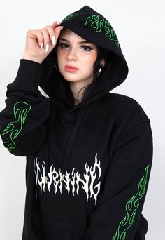 "Black hoodie with a white \"BURNING\" print on front and green flames on hood and sleeves. The model is 167 cm tall and wears size XL. JOIN US ON INSTAGRAM 🌹 http://instagram.com/blvck.pl 🏷 PRODUCT DETAILS 🏷 Hand-printed Unisex 80% High-quality Cotton 20% Polyester Made in Poland 📏 SIZING & FIT 📏 All our sweatshirts and T-shirts are unisex. Measurements (width/length) S - 54/67 cm (21\"/26\") M - 57/69 cm (22.5\"/27\") L - 60/71 cm (23.5\"/28\") XL - 63/73 cm (25\"/29\") XXL - 65/76 cm Grunge Hooded Top For Streetwear, Hooded Grunge Tops For Streetwear, Black Hip Hop Hoodie For Casual Wear, Black Casual Hoodie For Alternative Fashion, Black Hip Hop Hoodie For Alternative Fashion, Y2k Streetwear Hoodie With Crew Neck, Y2k Crew Neck Hoodie For Streetwear, Edgy Streetwear Hoodie Sweatshirt, Y2k Streetwear Hoodie With Drawstring Hood