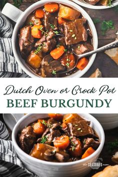 two bowls filled with beef and carrots next to bread