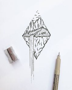 a drawing of a mountain with trees on it and water coming out of the top