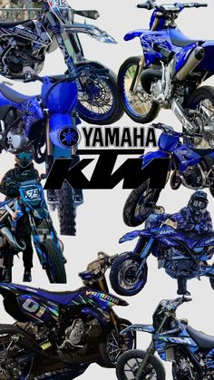 a group of motorcycles that are all in different colors and sizes with the words yamaha on them