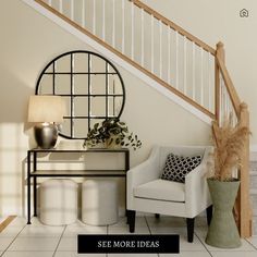 A transitional boho foyer design idea. Entryway Ideas With Chair And Table, Entryway Decor With Chair, Seating Area Entryway, Entryway Wall Ideas Modern, Entryway Near Stairs Ideas, Functional Foyer Ideas Entryway, Entryway With Chair Ideas, Modern Chic Entryway Ideas, Stairs Entryway Decor