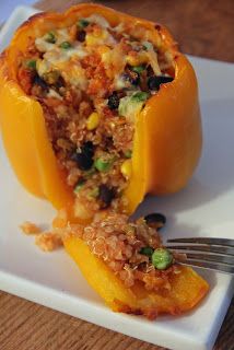 the stuffed bell peppers are filled with rice and vegetables