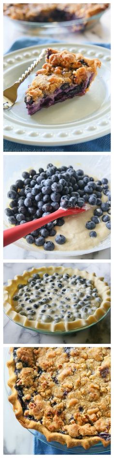 blueberry pie is shown in three different stages, including the top layer and bottom layer