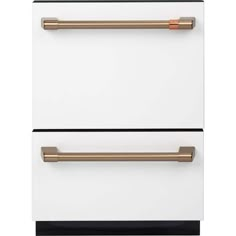 two white drawers with brass handles on each drawer