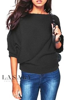 Lasaky - Stylish Ribbed Knit Sweater Pullover with Relaxed Batwing Sleeves Batwing Sleeve Sweater, Solid Color Sweater, Pullover Outfit, Clothes Boutique, Sleeves Clothing, Top Streetwear, Ribbed Knit Sweater, Knitting Women Sweater, Fall Clothes