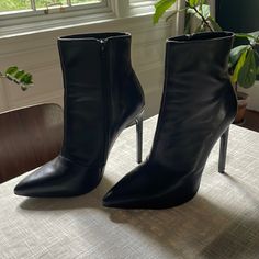 Worn Twice Too Tall For Me! Great Condition. Fits Like A 7.5 Or 8 High Heel Booties With Padded Heel, Formal Almond Toe Heeled Boots With 4-inch Heel, Sleek Ankle-high Heels With 4-inch Heel, Sleek Ankle-high Heels, Sleek 4-inch Heel Ankle-high Heels, Chic Closed Toe Heeled Boots With 4-inch Heel, High Ankle Heels With Sculpted Heel For Evening, Sleek Ankle-high Heels With Sculpted Heel, Faux Leather High Ankle Heels With Sculpted Heel