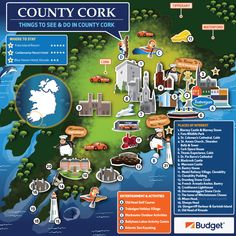 the county cork map is shown in blue and green, with images of buildings on it