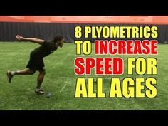 a man running across a field with the words 8 plyometrics to increase speed for all ages