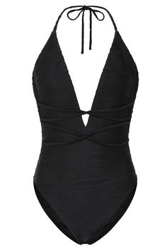 Shipwrecked is a suitcase essential if you want to stand out on the beaches this season with it's statement plunging neckline and shaping waist ties. Crafted from a premium black nylon blend with a texture reminiscent of ocean waves. this halter swimsuit will keep all eyes on you till sunset.Features- Premium nylon blend- Textured finish- Plunging halter neckline- Self-tie closure- Crossed knot beltSizing & FitModel is 5'8" and wears UK size 8 / US size 4Product InformationDesigned exclusively b Suitcase Essentials, Knot Belt, Plunge Swimsuit, Halter Swimsuit, Swimsuits Halter, Shipwreck, Black Textures, All Eyes, Black Nylon