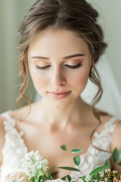 a beautiful bride holding her bouquet in her hands and looking down at the camera with eyes closed