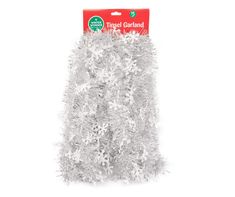 silver tinsel garland with white snowflakes on the front and back of it