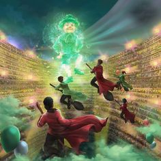 a group of people flying through the air in front of a giant green creature surrounded by clouds