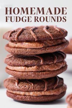 chocolate fudge cookies stacked on top of each other with the words, homemade fudge rounds