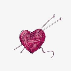 a drawing of a heart with knitting needles in the shape of a ball of yarn