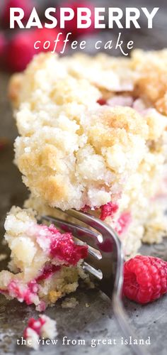 raspberry coffee cake on a plate with a fork