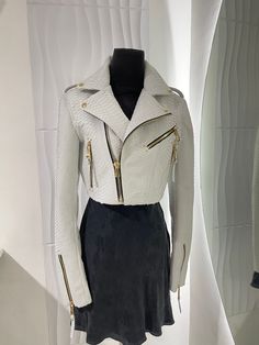 White Women's Snakeskin Biker Jacket PREMIUM QUALITY LUXURY STYLE Outside: GENUINE PYTHON LEATHER Accessories: golden color (please see the photo). All our products are 100% handmade, we always try to create interesting ideas to make your style unique. We use only the highest quality materials and accessories from around the world and only best leather from Indonesia. Before listing each new model undergoes different quality and usability tests at every stage of production. Every single piece is White Leather Outfit, Luxury White Chic Biker Jacket, Luxury Fitted White Leather Jacket, Luxury White Leather Jacket, White Fitted Edgy Leather Jacket, White Leather Jacket Outfit, Luxury White Leather Outerwear, Strange Fashion, Motorcycle Leather Jacket