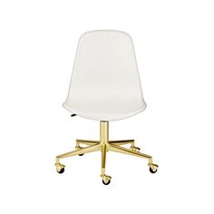 a white and gold office chair with wheels on the bottom, against a white background