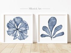 two blue watercolor paintings on white paper in front of a wall with wood flooring