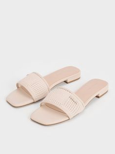 Cream Mesh Knitted Slide Sandals - CHARLES & KEITH US Square Toe Mules For Beach And Summer, Summer Beach Mules With Square Toe, Summer Vacation Mules With Square Toe, Synthetic Block Heel Slides For Beach, Casual Summer Slides With Block Heel, Casual Block Heel Slides For Summer, Casual Block Heel Summer Slides, Chic Beach Slides With Square Toe, Summer Beach Slides With Square Toe