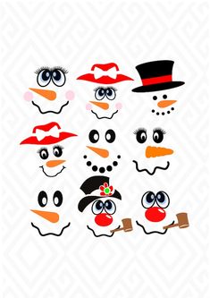 snowman faces with different facial expressions and hats on their heads, including one wearing a top hat