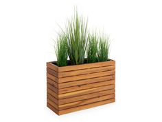 a wooden planter with grass growing out of it