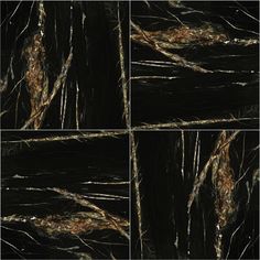 four different views of black marble with brown streaks