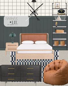 an image of a bedroom setting with furniture and decor on it's sideboard