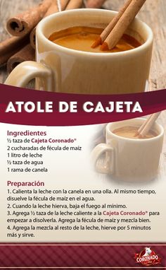 a cup of hot chocolate with cinnamons on the side and an advertise in spanish