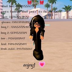 an animated character is standing in the sand with palm trees and buildings behind her, which reads enjoy