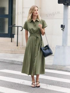 SHEIN USA Casual A-line Maxi Dress With Button Closure, Casual Button-up Office Dress, Casual Solid A-line Shirt Dress, Casual Spring Maxi Dress With Button Cuffs, Casual Collared Maxi Dress With Button Closure, Casual A-line Solid Color Shirt Dress, Spring Office Midi Dress With Buttons, Casual Solid Maxi Dress With Button Closure, Casual Maxi Dress With Button Cuffs