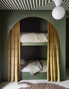 two bunk beds in a room with green walls and white carpeted flooring, along with a leopard print rug on the floor