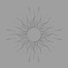 a black and white drawing of a sun with rays coming out of the center on a gray background