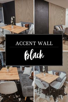 the accent wall is black and white in this dining room with wood table and chairs