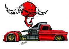 a drawing of a red truck with a bull's head on the front end