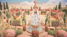 a painting of a fountain surrounded by flowers and trees with a statue in the center