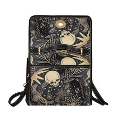 Introducing our Halloween Black Gold Hand-painted Skull Mini Messenger Bag, a glamorous and artistic accessory that celebrates the spirit of Halloween with a touch of whimsical luxury. Adorned with a hand-doodled skull design in black and gold on a dark background, this mini handbag embodies the essence of spooky charm and artistic creativity. Crafted from durable materials, it combines practicality with unique craftsmanship, perfect for carrying essentials with a touch of Halloween charm. Ideal Black Skull Print Bag For Halloween, Black Halloween Shoulder Bag Satchel, Skull Messenger Bag, Mini Messenger Bag, Gothic Black Shoulder Bag With Skull Print, Black Skull-shaped Bag With Skull Print, Leather Satchel Bag, Halloween Charms, Mini Handbags