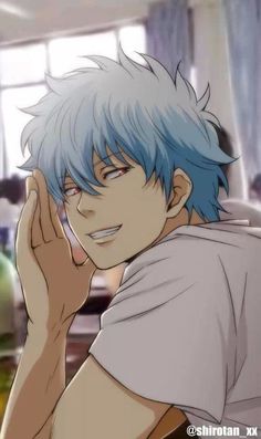 an anime character with blue hair and white shirt