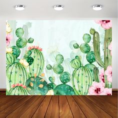 an image of a wall mural with cactus and flowers in the background on a wooden floor