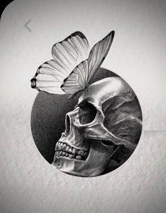 a drawing of a skull with a butterfly on it's head and the image is in black and white