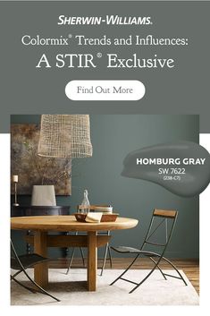 a dining room table and chairs with the text, sherylin williams colormix trend